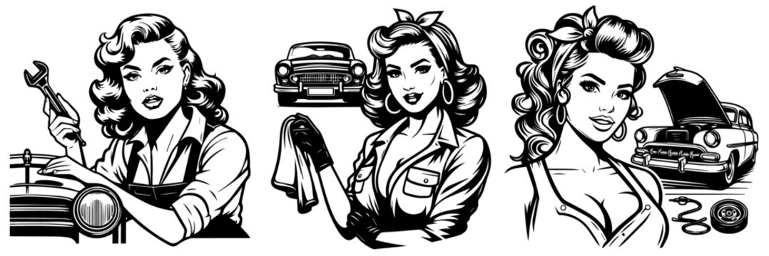 pin-up girl as an auto mechanic vintage garage vector illustration silhouette for laser cutting cnc, engraving, decorative clipart, black shape outline