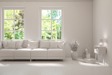 Grey living room concept with sofa and summer landscape in window. Scandinavian interior design. 3D illustration