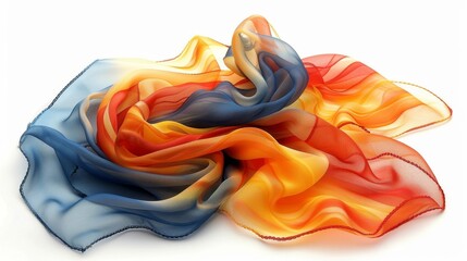 Luxurious silk scarf with a flowing gradient of red, orange, and blue hues, gracefully arranged on a white background.
