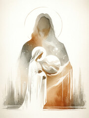 Motherhood. Silhouette of a woman during pregnancy with Jesus in the sky watching over her. Digital watercolor painting.