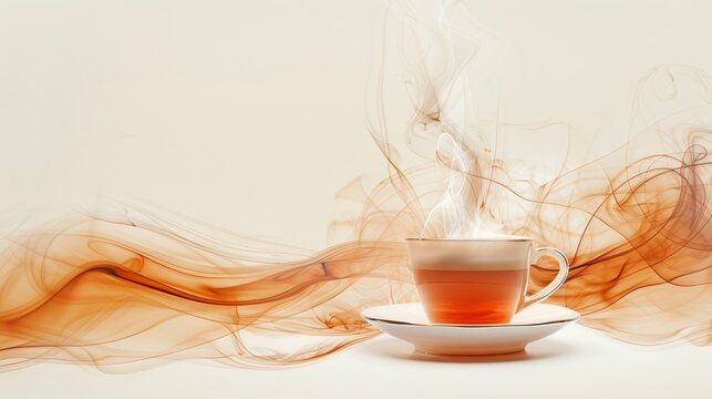 Elegant tea cup filled with amber-colored tea, with artistic swirls of steam, beautifully contrasted on a beige background.