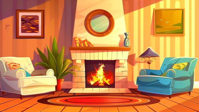 Colorful indoor animation with cozy fireplace. seamless looping 4k time-lapse animation video background