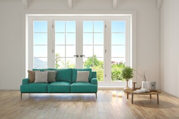Bright interior design with modern furniture and summer landscape in window. 3D illustration