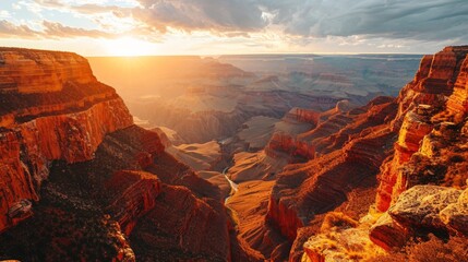 Generative AI Canyon silhouette, drone's vantage, fading sunlight, vastness, detailed and vivid sunset at the Grand Canyon