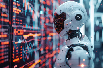 Fototapeta premium Robot Monitoring Data Center Servers. Futuristic robot analyzing server data racks, highlighting advanced automation and network management.