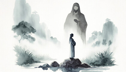 Motherhood. Pregnant woman by the river with silhouette of Jesus in background watching over her. Digital watercolor painting.