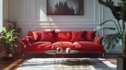 Modern interior of living room with red sofa 3d render.