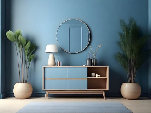 Photo blue wall entryway and modern cabinet in room - 3d rendering By Alim Graphic