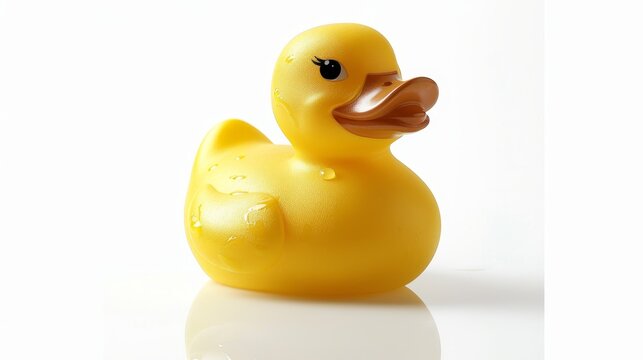 Close-up of a cute yellow rubber duck with sparkling water droplets, isolated on a white background.