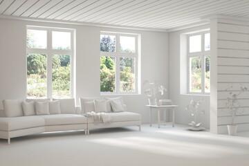 Grey living room concept with sofa and summer landscape in window. Scandinavian interior design. 3D illustration