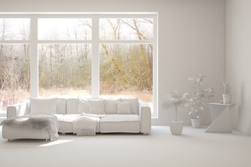 White living room with sofa and winter landscape in window. Scandinavian interior design. 3D illustration