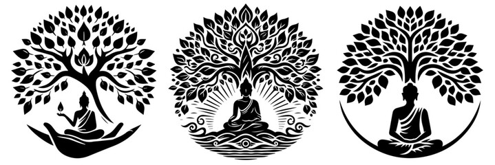 meditating figure against the tree of life vector illustration silhouette for laser cutting cnc, engraving, decorative clipart, black shape outline