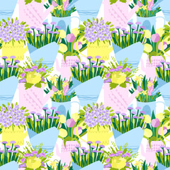 Vector flowers pattern, in pots in festive delicate paper wrapping, flat on light background