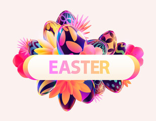 Bright Easter design. Colorful banner with eggs and spring flowers. Holiday greeting card.