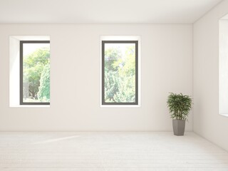 Fototapeta premium White empty room with summer landscape in window. Scandinavian interior design. 3D illustration