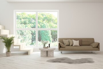 Bright interior design with modern furniture and summer landscape in window. 3D illustration