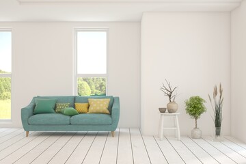 Bright interior design with modern furniture and summer landscape in window. 3D illustration