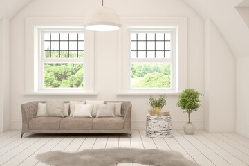 Fototapeta premium Bright interior design with modern furniture and summer landscape in window. 3D illustration