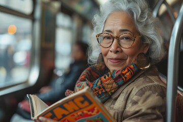 old woman rides the subway or public transport and read book.  self care, relation, enjoy concept.