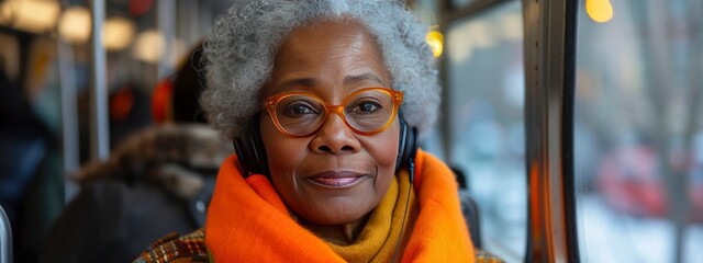 old woman listens music on headphones. relax, self care, contemporary concept.