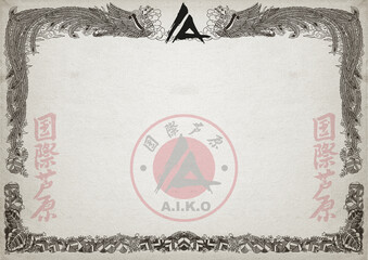 Certificate, diplom ASHIHARA KARATE AIKO. Old vintage paper texture background art design.