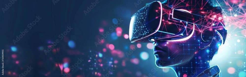Poster a man immersed in virtual reality, wearing a high-tech headset and interacting with a digital enviro