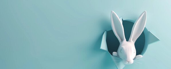 White rabbit ears sticking out of a hole on a blue pastel background