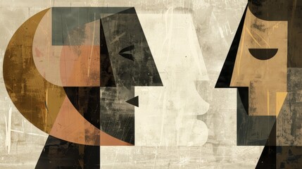 A textured illustration with cubist influences, depicting the abstract profiles of a family, resonating with warmth and togetherness. - obrazy, fototapety, plakaty