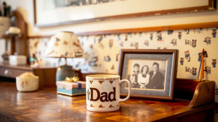 A cozy domestic setting featuring a 'Dad' mug and family photo, evoking warmth and familial love on Father's Day.