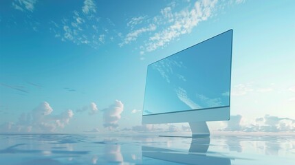A sleek all-in-one computer in matte white against a backdrop of serene sky blue, its curved display seamlessly blending into the background, symbolizing harmony and tranquility.