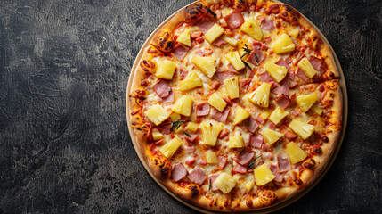Sliced hawaiian pizza with pineapple and ham on dark textured background. Top view, copy space.