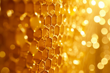 A close up of a honeycomb with honey dripping from it