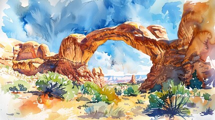 A watercolor illustration depicting a desert scene with prominent rocks and various desert plants scattered around. The painting showcases the arid landscape typical of desert regions, with a focus on