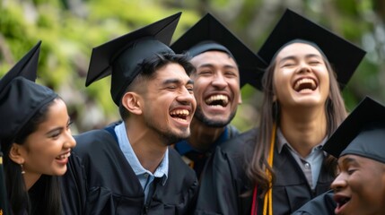 A vibrant snapshot of graduates laughing together, capturing the infectious joy of their academic success and the warmth of their friendship.