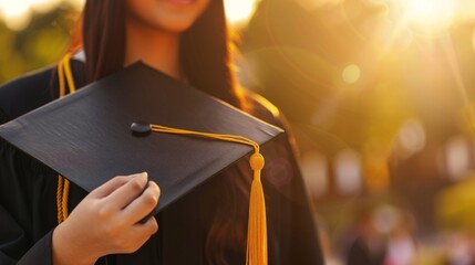 A close-up of a graduate's hands holding a cap during the golden hour, symbolizing hope and the bright prospects of a graduate's future.