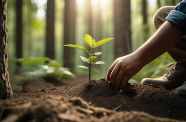 Close-up of hands planting a small tree into the soil against a blurred forest background. Protecting the environment, growing plants, conserving nature. Planting trees