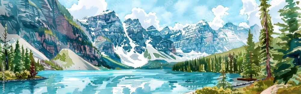 Poster a beautiful mountain range with a lake in the foreground. the mountains are covered in snow and the 