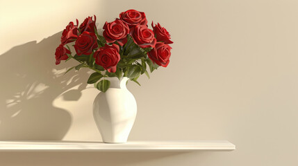 Shelf with bouquet of red roses in white vase over beige wall 3d rendering.