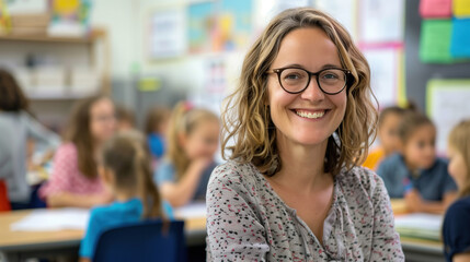 Portrait of smiling teacher in a classroom at elementary school