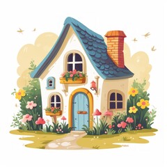 Generative AI A delightful miniature house with vibrant shutters and a well-kept garden path.