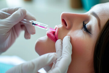 Naklejka premium close-up of a beautician's hands applying a drop of lip serum to her customer