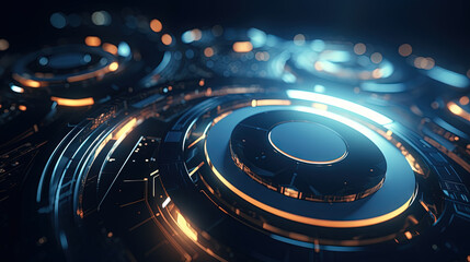 Technology abstract background with hud styled round interface elements in neon tech light. - obrazy, fototapety, plakaty