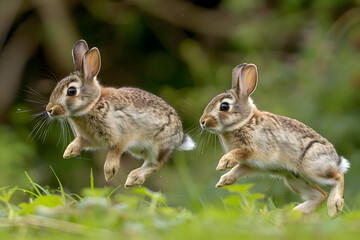 Fototapeta premium A pair of rabbits is happily hopping together in the green grass, depicting a joyful and energetic ambiance.