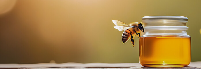 a banner for World Bee Day. a honey bee and a transparent glass jar of honey on a wooden table. natural production. - obrazy, fototapety, plakaty