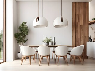 Photo white wall and wood modern chairs in dining room interior,contemporary furnishings and natural plants