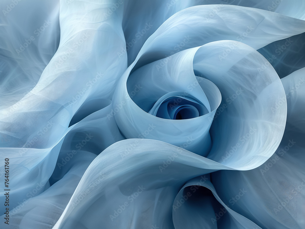 Poster Abstract art of soft blue fabric folds creating a tranquil swirl pattern