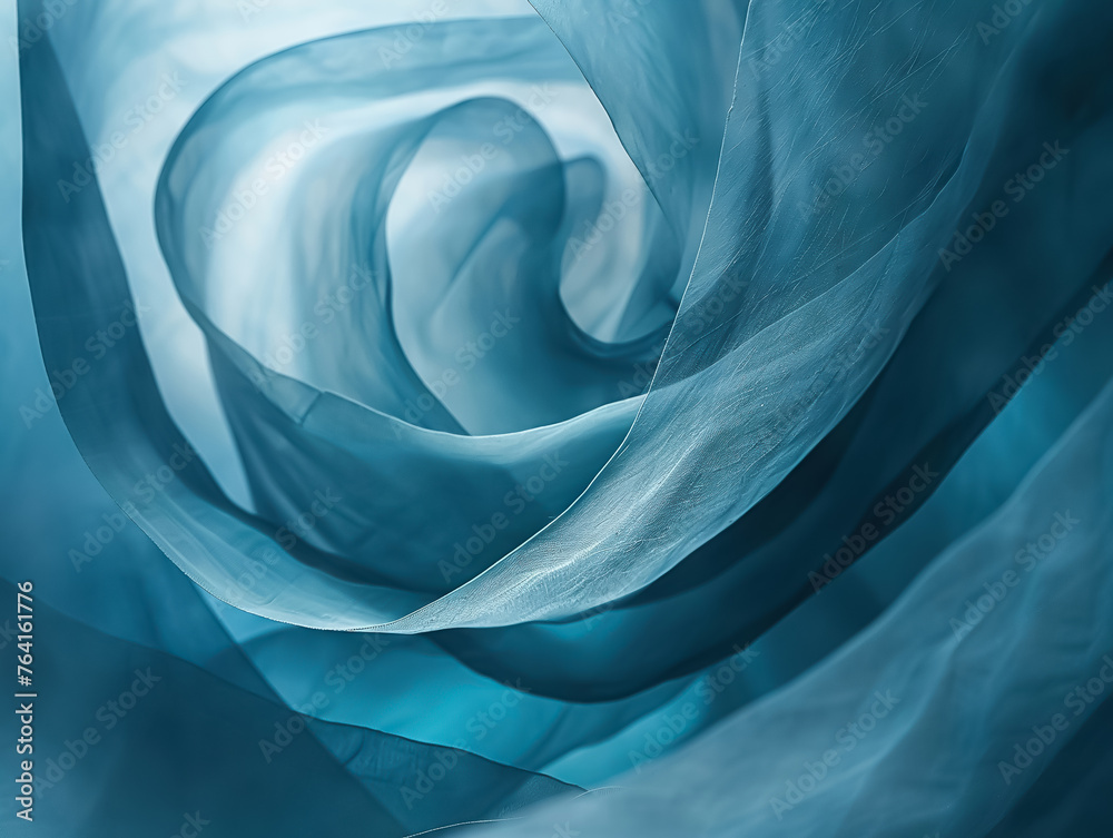 Poster Abstract art of soft blue fabric folds creating a tranquil swirl pattern