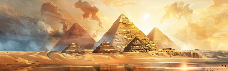 A watercolor illustration showing the iconic pyramids in the desert, under a clear sky. The pyramids stand tall and majestic, surrounded by the vast desert landscape.