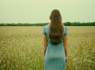  A woman in a dress with long hair standing in a field and looking into the distance. Back view.