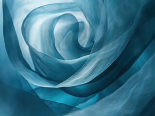 Abstract art of soft blue fabric folds creating a tranquil swirl pattern